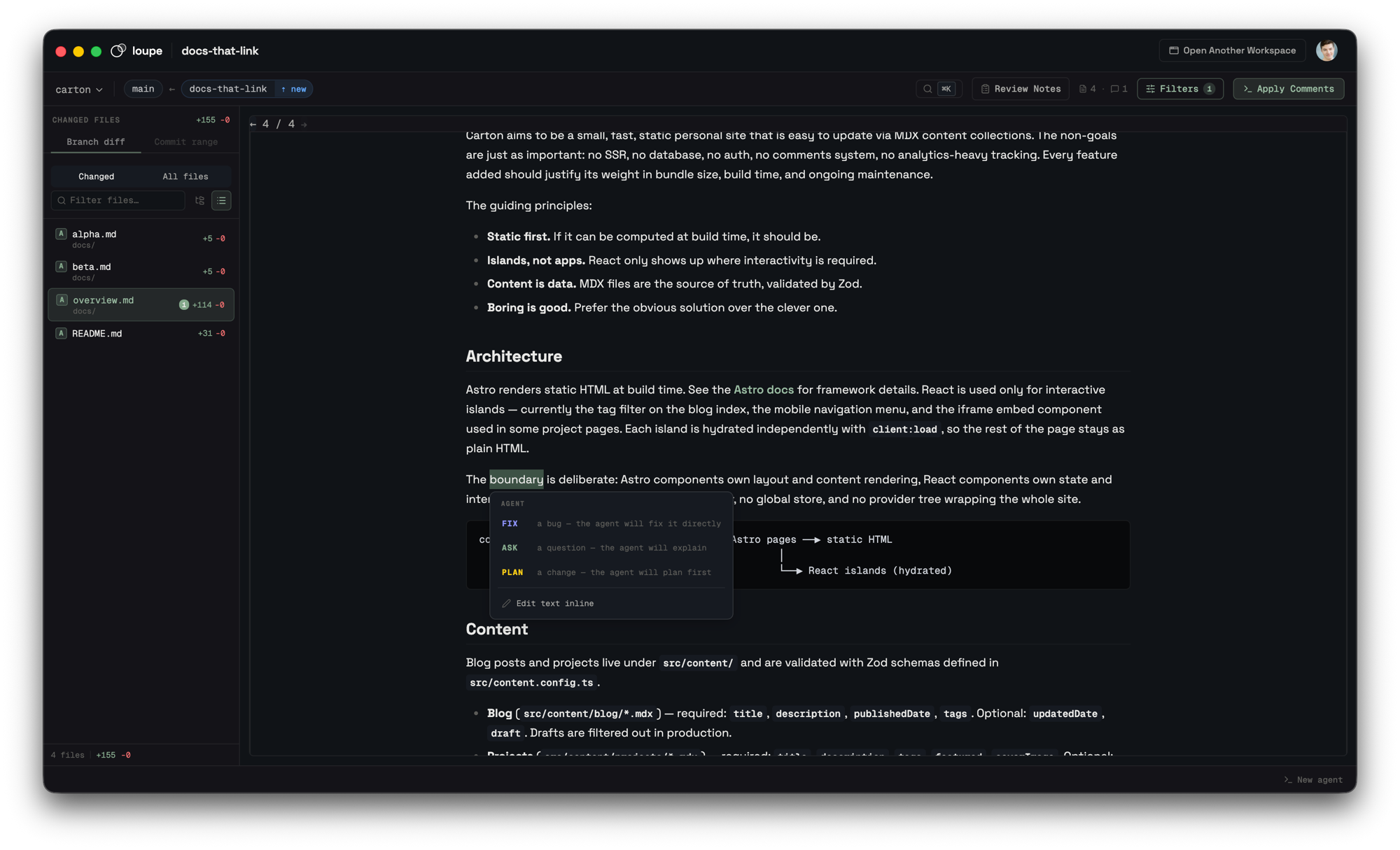 Loupe reviewing a Markdown document rendered as a formatted page, with an inline Ask, Plan, or Fix menu on a selected phrase